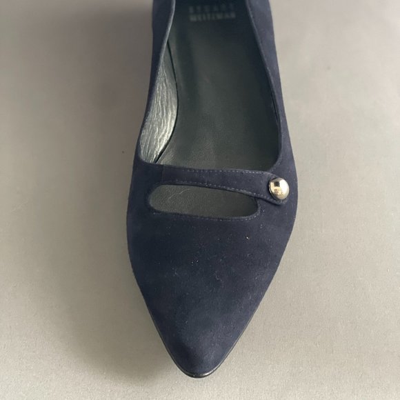 Stuart Weitzman Navy Pointy Toe Flats with Chain Inlay Heel - Picture 2 of 8